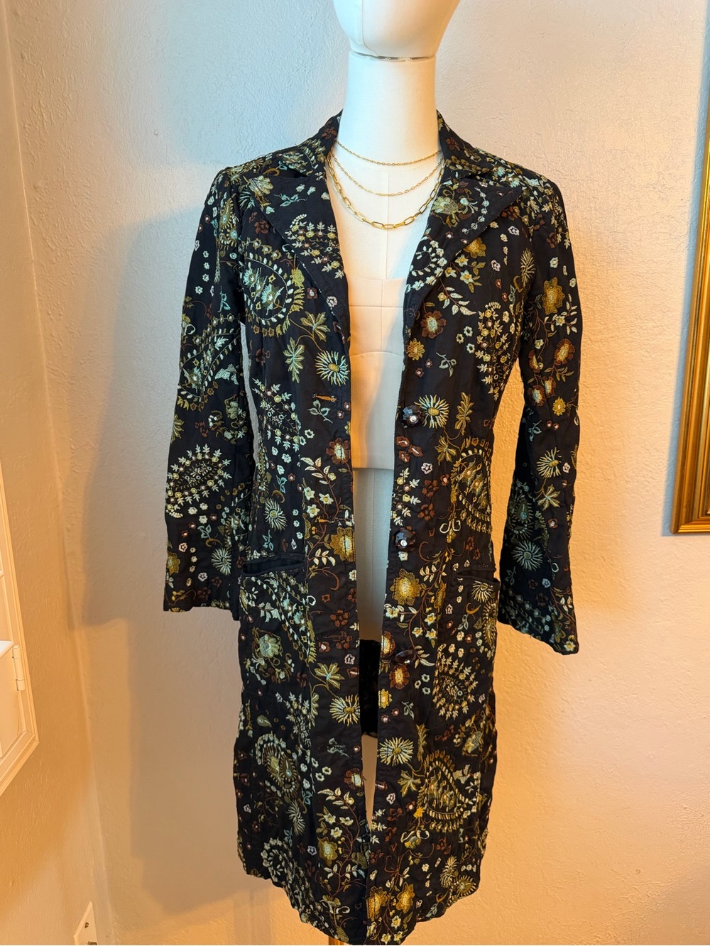Johnny Was Black Embroidered Long Coat Jacket Size S Boho Floral Duster